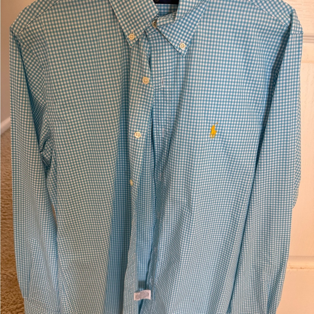 Polo long sleeve light blue and white check dress shirt size Small
